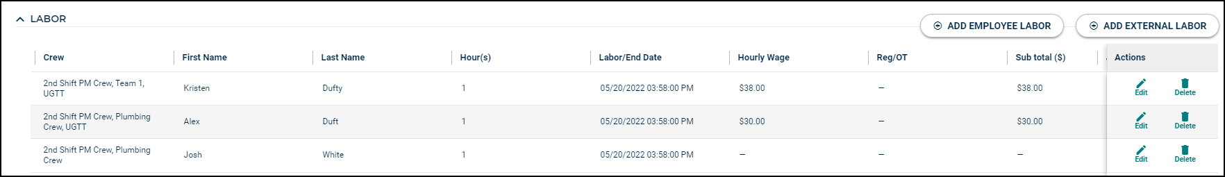 Adding labor on the new work order form by using a crew