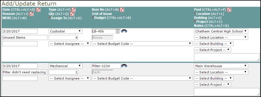 Supplier and Inventory Returns